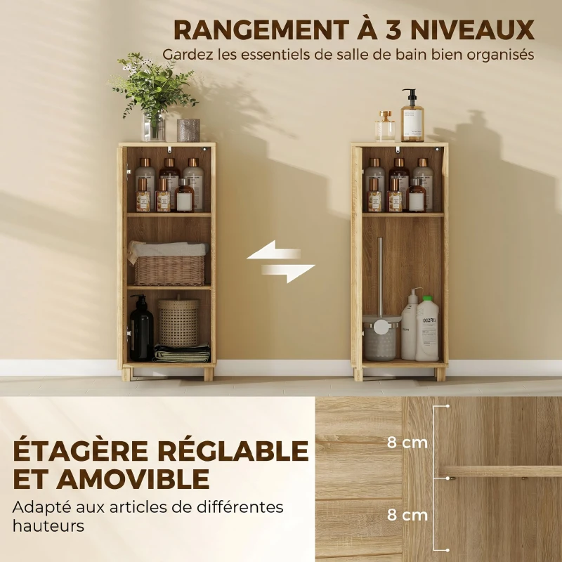 HOMCOM Meuble de Salle de Bain en Bois avec Étagère Réglable et Porte à Lamelles, Ouverture Pression, 34 x 23 x 84 cm, Naturel