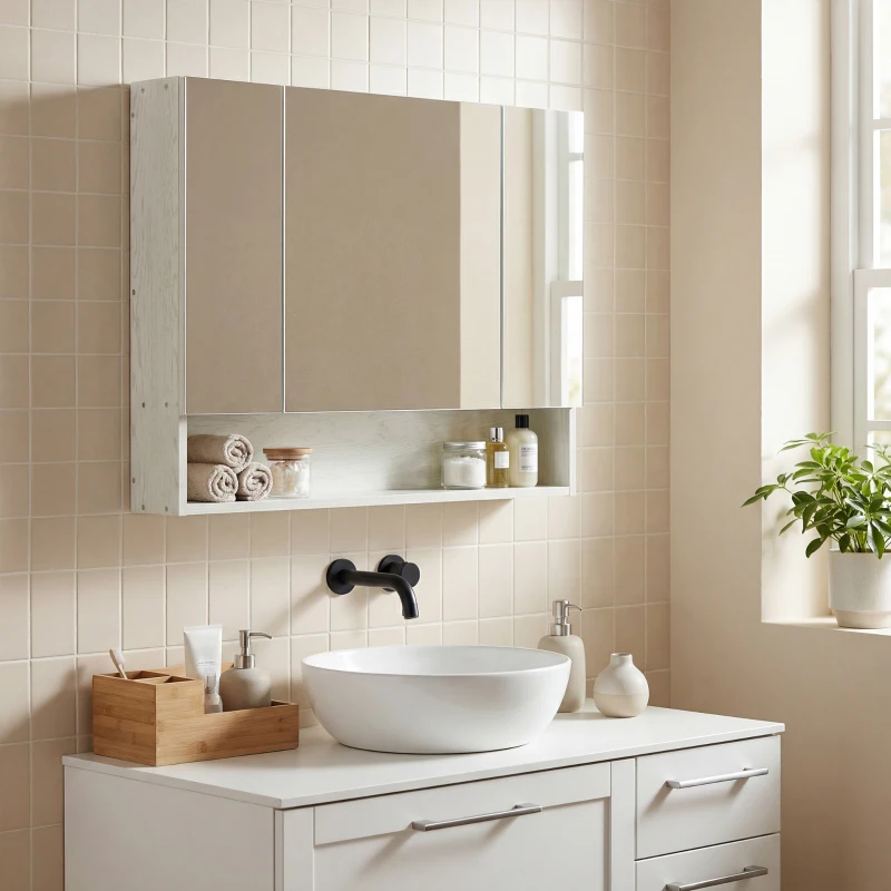 kleankin Specchio Bagno Contenitore con 3 Ante Soft Close, 90x15x75 cm Mobile Bagno con Specchio, Ripiani Regolabili, Scomparto Aperto, Mobilettto Bagno da Parete Salvaspazio in Vetro, Effetto Legno
