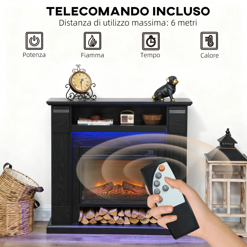 HOMCOM Camino Elettrico 1800W Regolabile con Fiamma 3D, Ripiano, Timer e Telecomando, 105x27x97 cm, Nero
