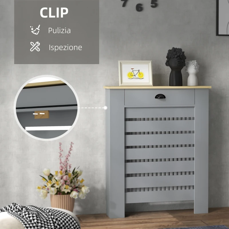 HOMCOM Copritermosifone in MDF a Doghe, Copricalorifero a Griglia con Cassetto, 78x19x95.5 cm, Grigio