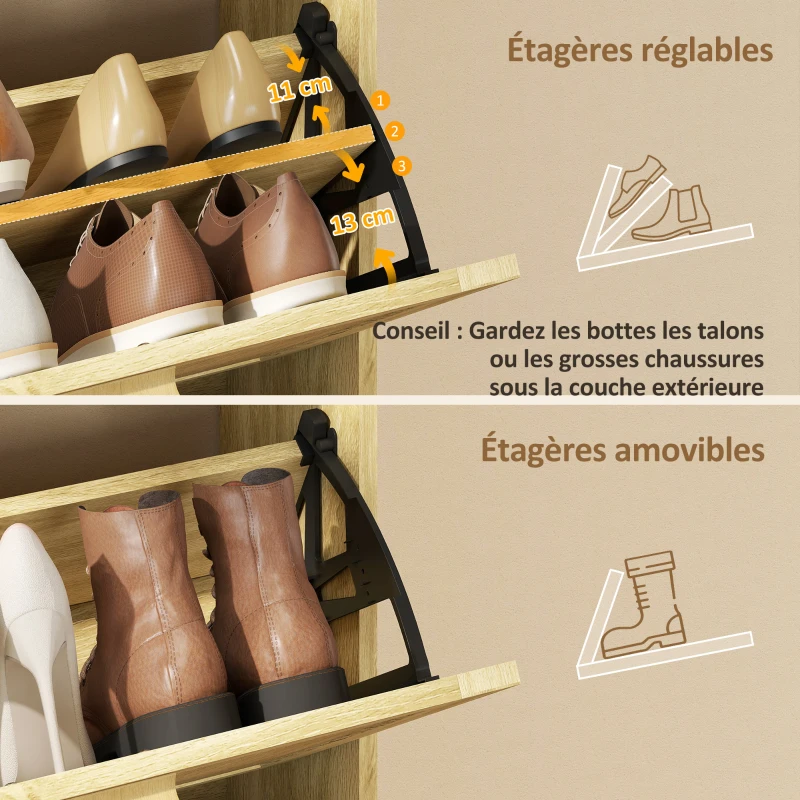HOMCOM Meuble à chaussures 18 paires, armoire à chaussures étroite avec 3 tiroirs rabattables, étagères réglables, chêne