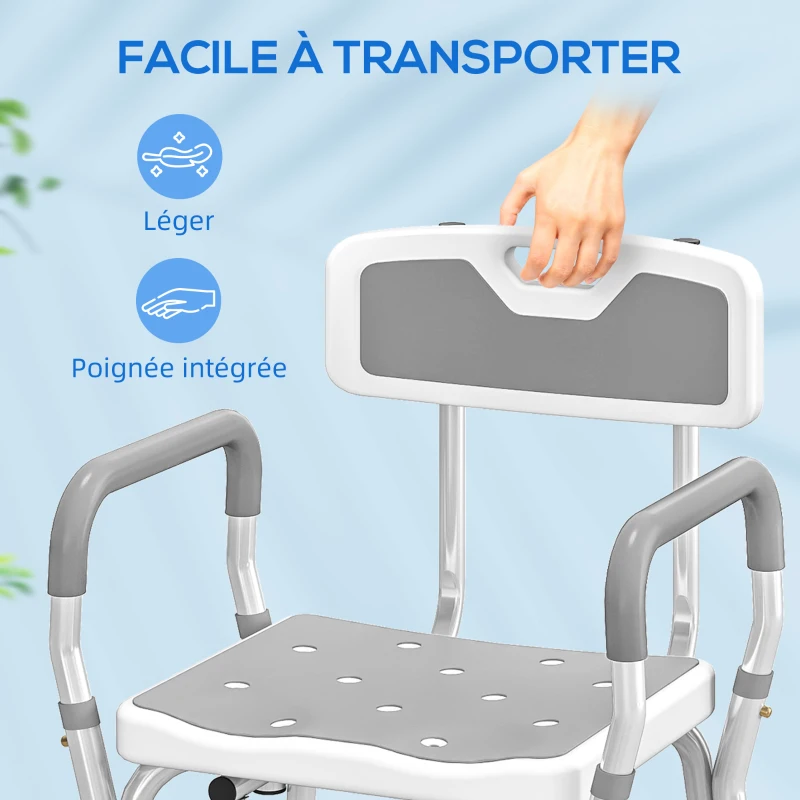 HOMCOM Tabouret de douche chaise de douche ergonomique hauteur réglable pieds antidérapants 56,5 x 53,5 x 87 cm blanc et gris