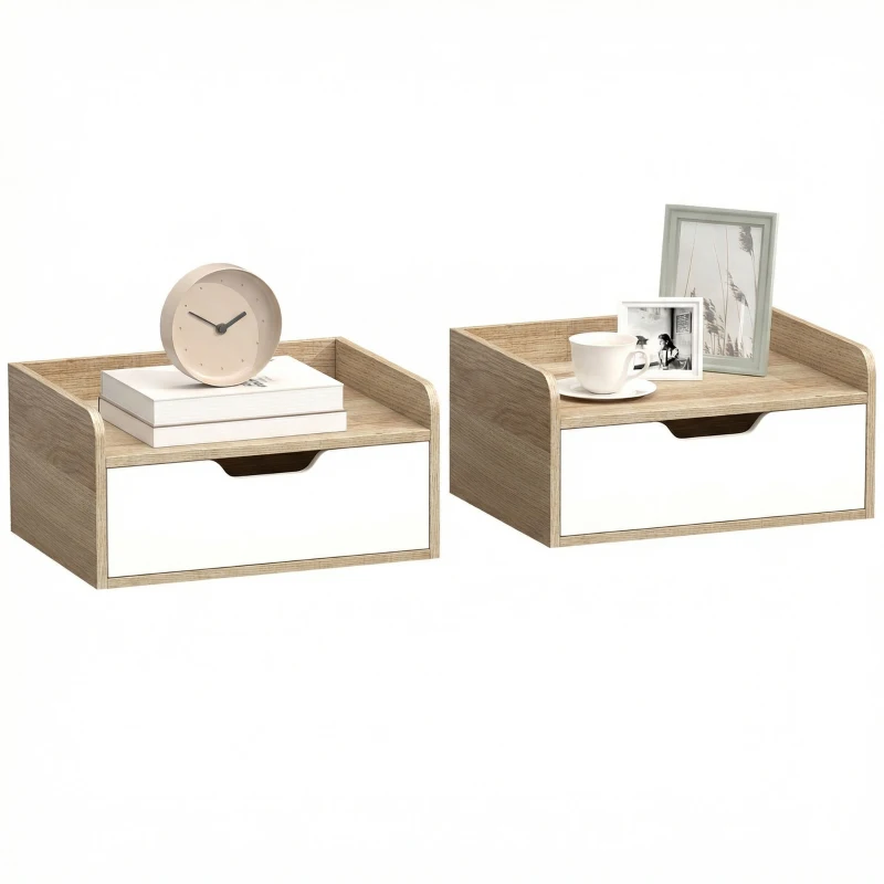 HOMCOM Lot de 2 tables de chevet murales, tables de nuit avec tiroir et plateau à rebords surélevés, 40x30x19,5cm, bois naturel