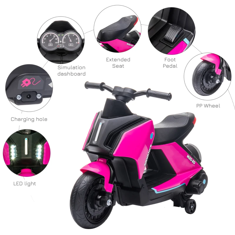 HOMCOM 6V Kids Electric Motorbike Ride On Toy w/ Music LED Lights Training Wheels for Girls Boy 2-4 Years Pink