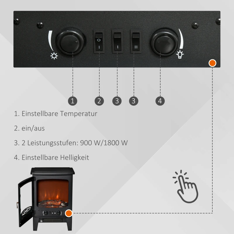 HOMCOM LED Elektrokamin Standkamin mit Flammeneffekt 900/1800W Schwarz
