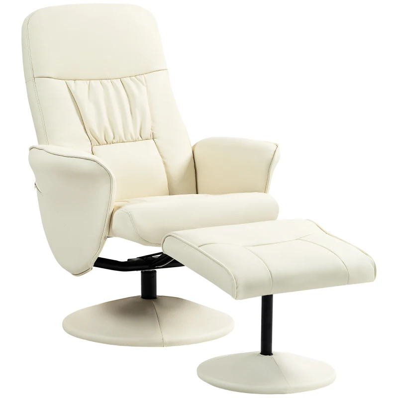 HOMCOM Swivel Recliner Chair with Footstool, PU Leather Armchair and Ottoman with High Back and Round Base for Living Room, Cream White