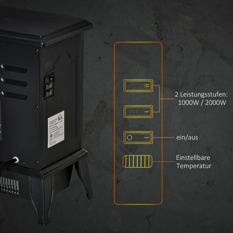 HOMCOM Elektrische Kachel Vrijstaand, Vlameffect, 2 Verwarmingsmodi 1000W/2000W, Gehard Glas, Zwart, 36,5x24x45,5 cm(m-5)