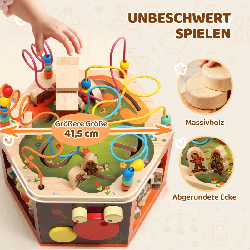 AIYAPLAY Motorikwürfel, 8-in-1 Aktivitätswürfel mit Motorikschleife, Perlenlabyrinth, 41,5 x 37,5 x 37,5 cm, Mehrfarbig
