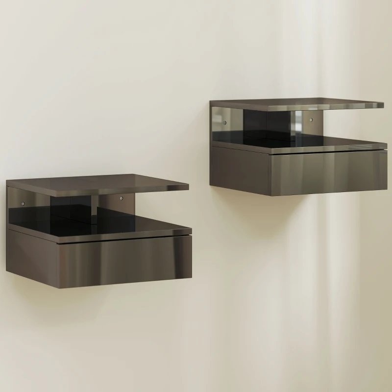 HOMCOM 2 Mesitas de Noche Flotantes con 1 Cajón y Estante Abierto Diseño Moderno 35x32x22,5 cm Negro Brillo