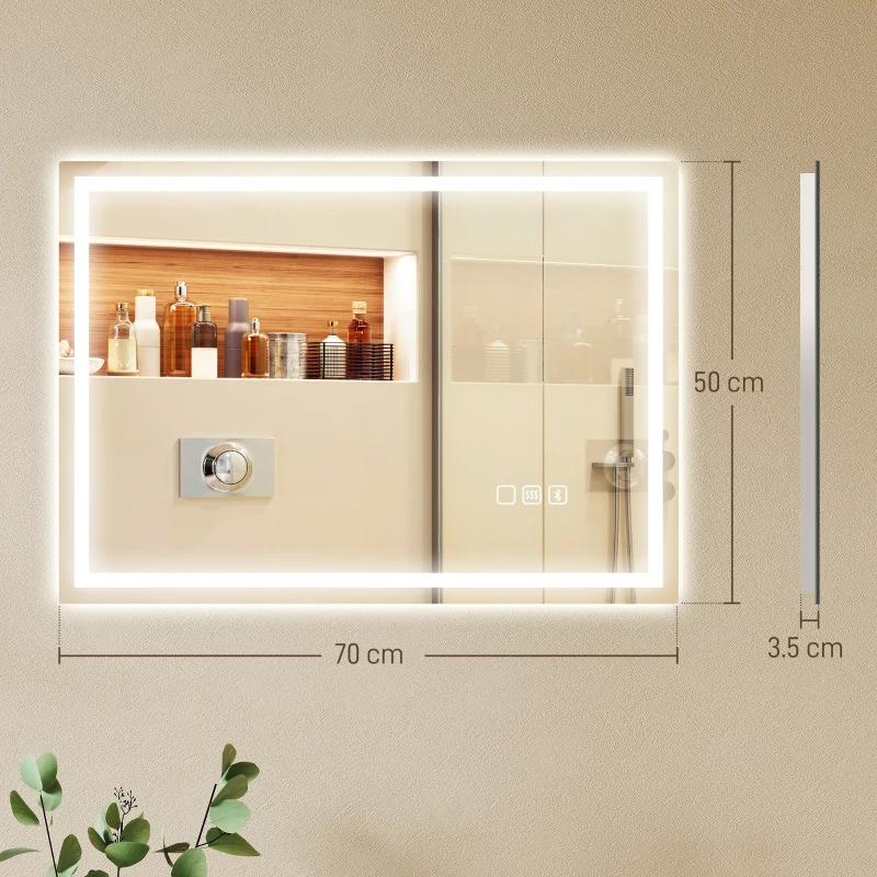 HOMCOM Oglindă de baie anti-aburire cu lumină LED reglabilă, difuzor Bluetooth, butoane tactile, 50x70 cm