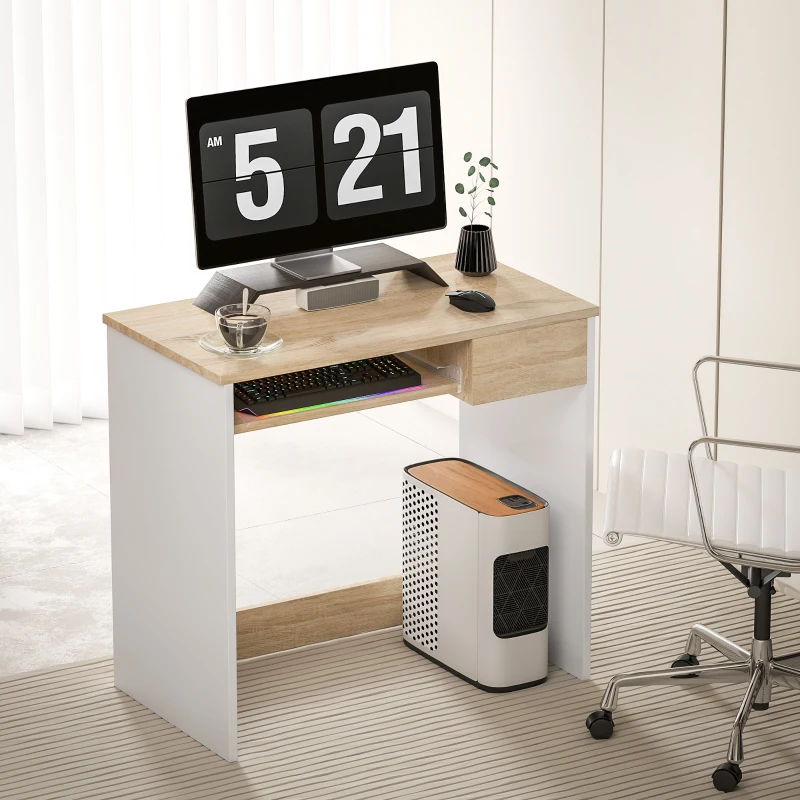 HOMCOM 80cm Compact Computer Desk with Keyboard Tray, Home Office Desk with Drawer for Bedroom Study, Oak