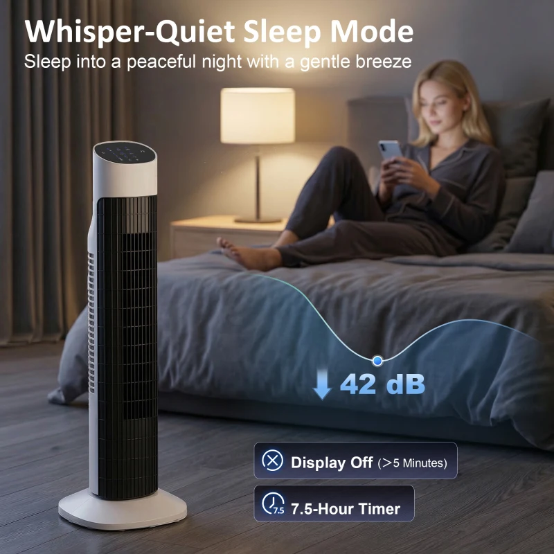 HOMCOM Ventilador de Torre Silencioso con Control Remoto 3 Velocidades 3 Modos Temporizador 7,5H Oscilación 70° Blanco y Negro