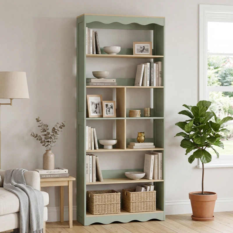HOMCOM Bibliothèque, étagère de rangement à 6 niveaux avec 6 compartiments ouverts, 76 x 23,8 x 180 cm, bois naturel et vert