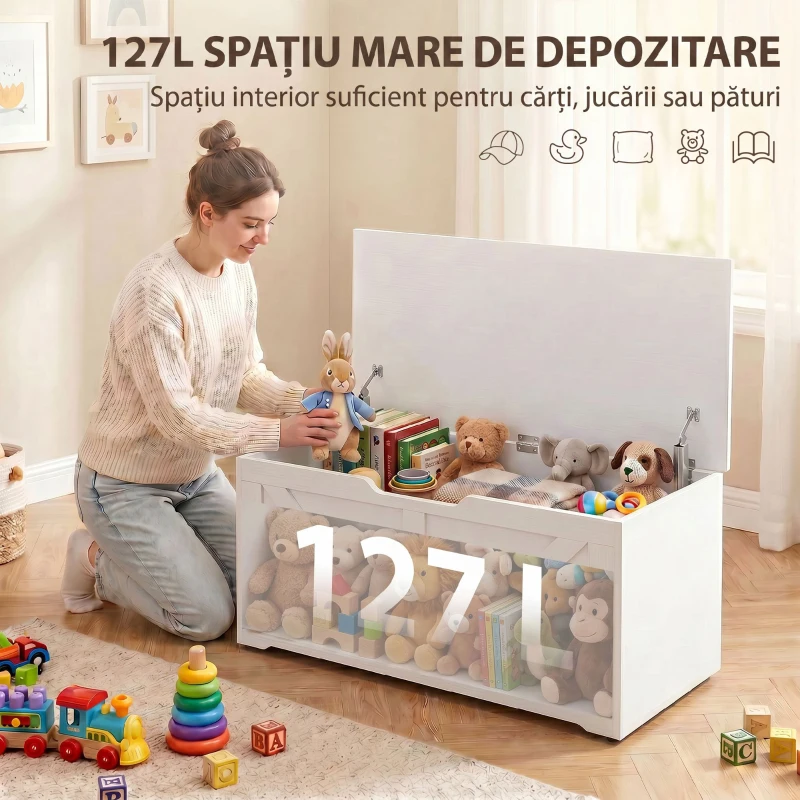 HOMCOM Comodă pentru Sufragerie, Cufăr pentru Jucării din Lemn, 100cm, Alb