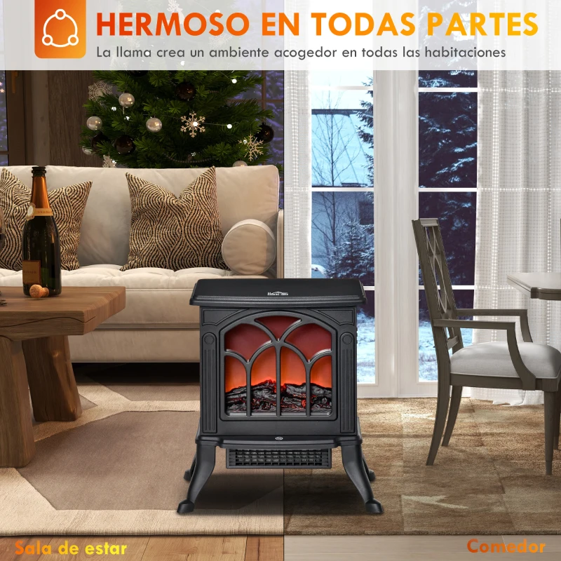 HOMCOM Chimenea Eléctrica de Pie 750/1500 W con 2 Niveles de Potencia Efecto Llama Área de Cobertura 15-20 m² Negro
