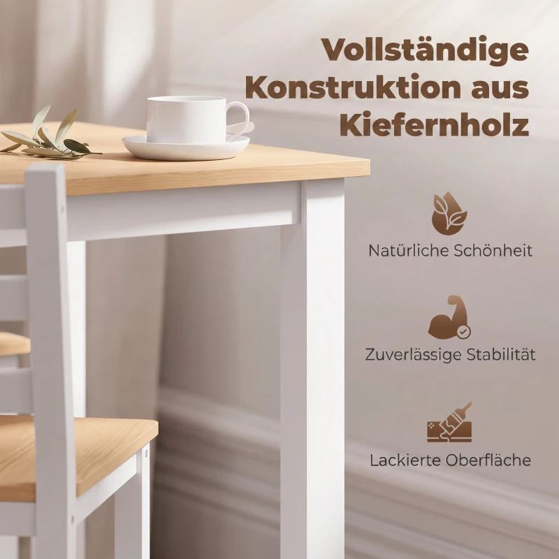 HOMCOM 5-teiliges Essgruppe für 4 Personen, Landhaus-Esstisch und Stühle aus Massivholz, Natur/Weiß