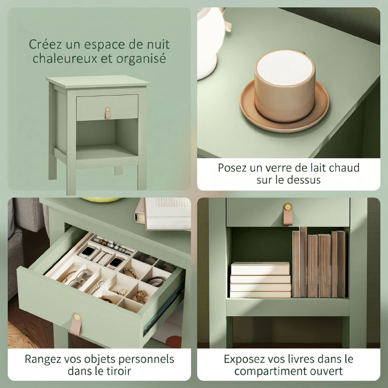 HOMCOM Lot de 2 tables de chevet avec tiroir et compartiment ouvert, 45 x 40 x 55 cm, vert