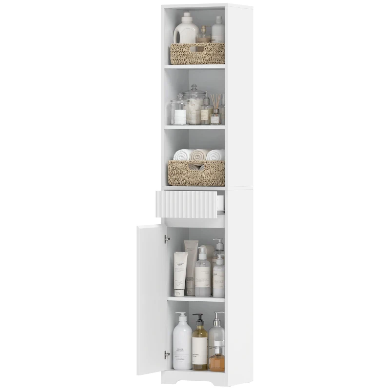 HOMCOM Armario de Baño Alto con Cajón Diseño Acanalado Estante Ajustable Estantes Abiertos para Espacios Pequeños Blanco