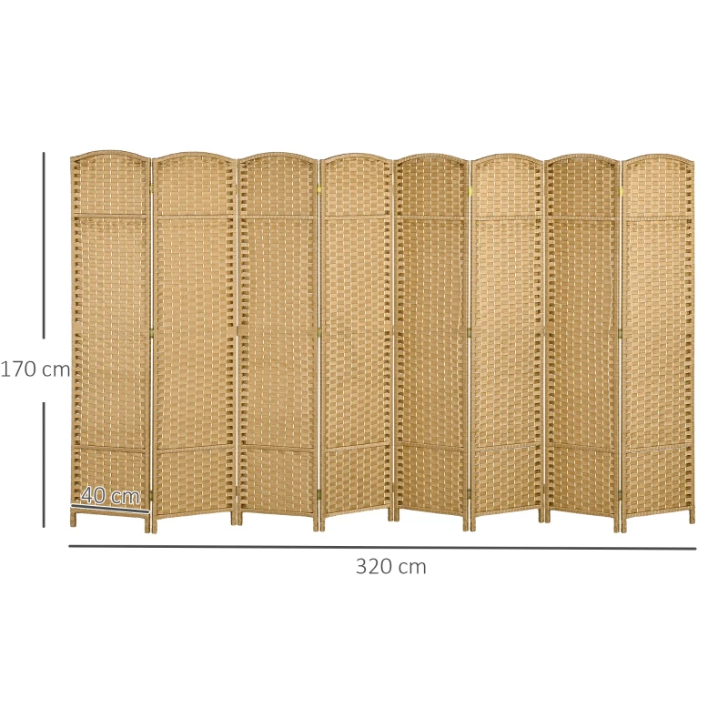 HOMCOM Paravent interieur en bois 8 panneaux 320 x 170 cm séparateur de pièce pliable pour salon, chambre à coucher, naturel