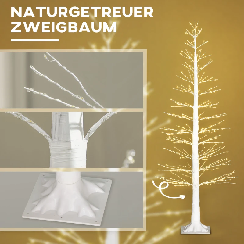 HOMCOM Kunstboom met LED-verlichting, 180 cm hoge kerstboom, realistische schors, Wit