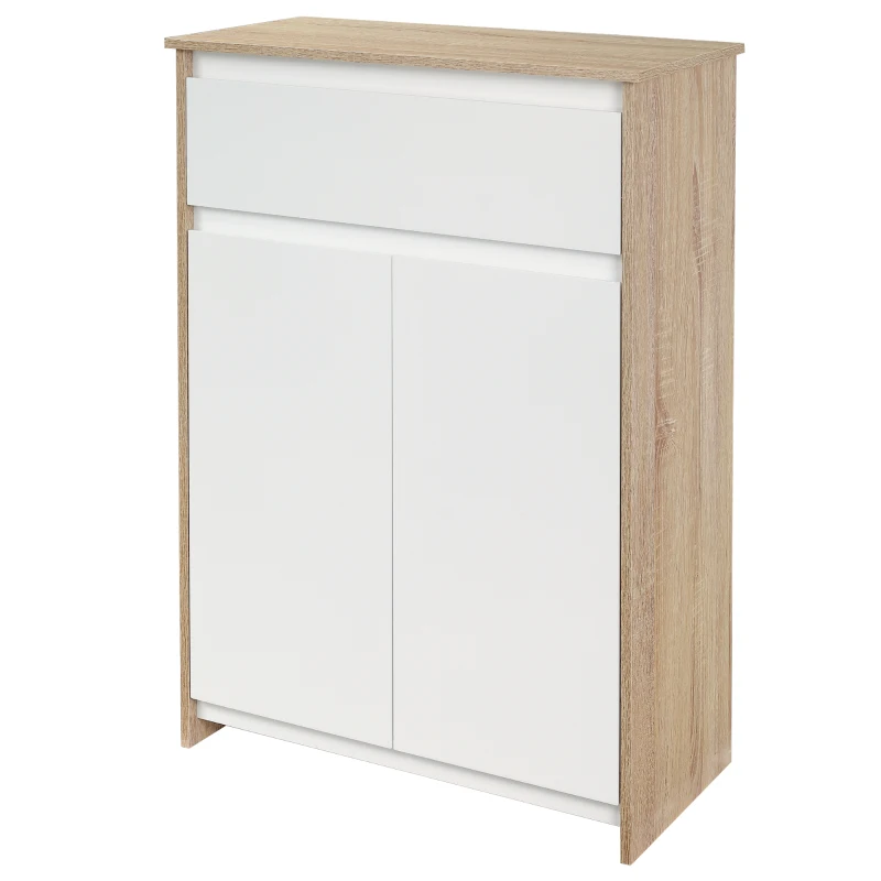 kleankin Armario de Baño con 1 Cajón y 2 Puertas Mueble Auxiliar de Estilo Moderno 60x30x90 cm Blanco y Natural