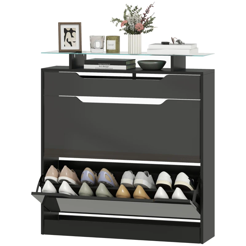 HOMCOM Shoe Storage Cabinet with Slide Out Drawer, 2 Flip Doors, Tempered Glass Top - Black