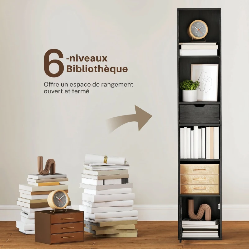 HOMCOM Bibliothèque, étagère à livres, meuble de rangement avec tiroir placard compartiments ouvertes, 30 x 24 x 158 cm, noir