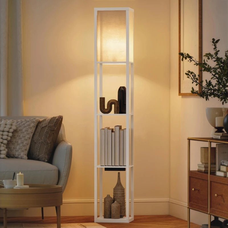 HOMCOM Lampada da Terra con Ripiani, Luce Regolabile, Interruttore a Pedale e Porte USB, Bianco
