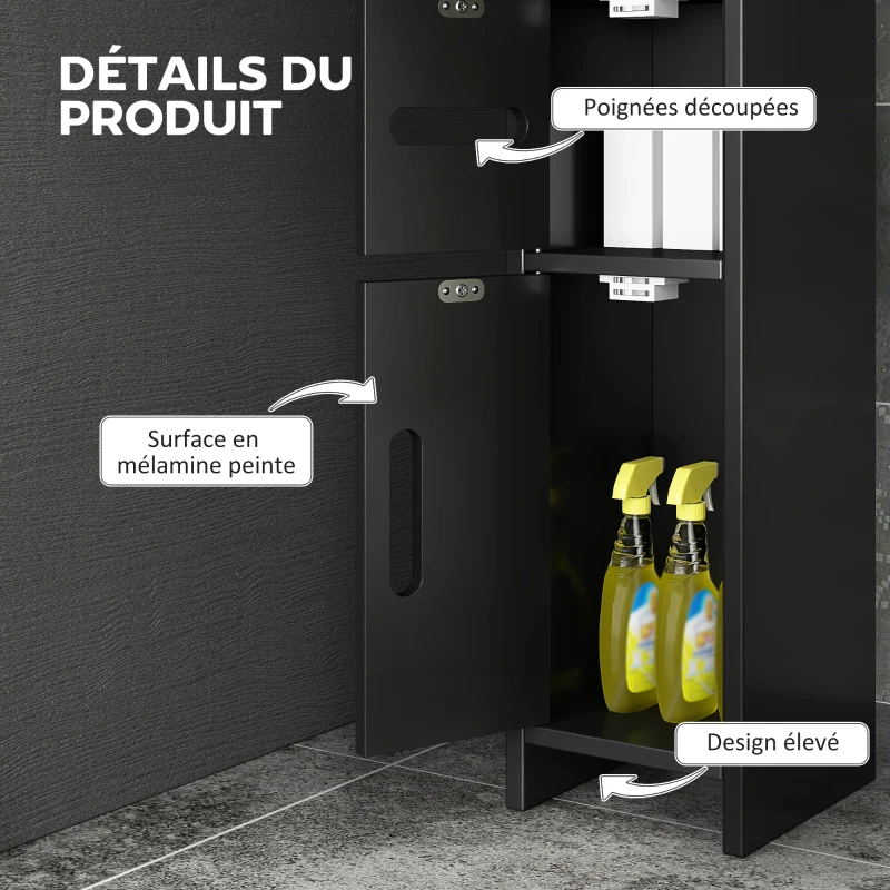 kleankin Meuble colonne de salle de bain armoire toilette haute avec étagères et placards - 15 x 17 x 120 cm noir