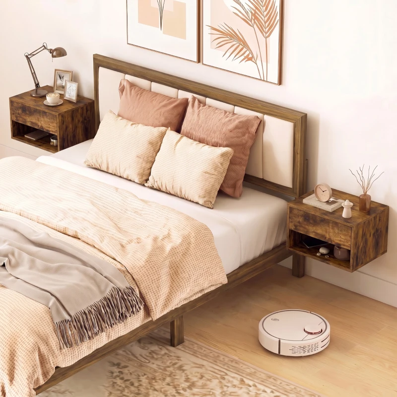 HOMCOM Set of Two Floating Bedside Tables - Rustic Brown