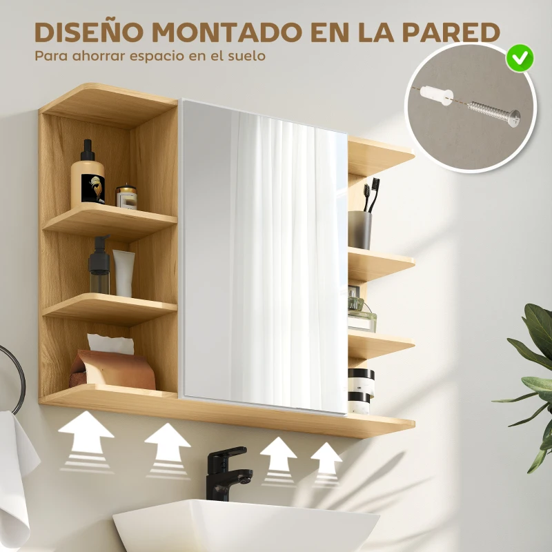 HOMCOM Armario de Baño de Pared con Espejo Puerta Estantes Abiertos 80x20x59 cm Natural