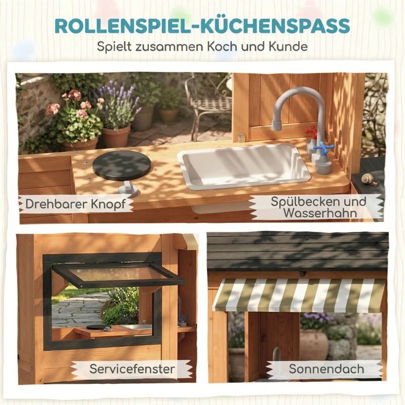AIYAPLAY Kinderspielhaus Holz Spielhaus Outdoor mit Küche Bank Verkaufstheke Fenster Tür für 3-8 Jahre 171,5 x 146 x 156 cm Braun