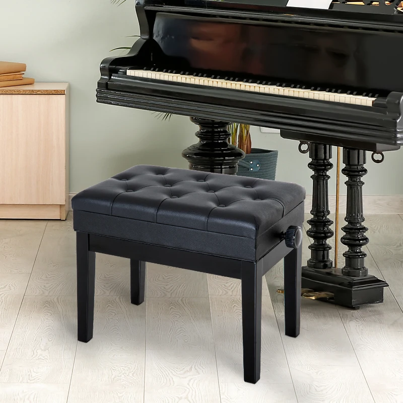 HOMCOM Klavierbank Höhenverstellbar Sitzbank mit Stauraum, Holzbeine, Klavierhocker aus Kunstleder, für Musikzimmer, belastbar bis 200 kg, 54,5 x 33 x 48-58 cm, Schwarz