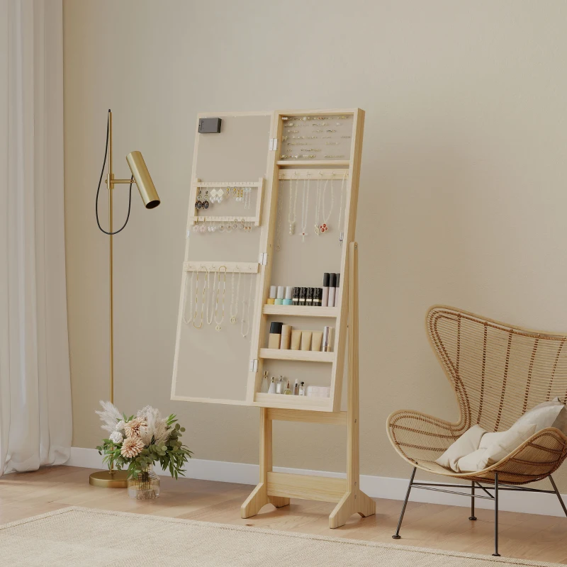 HOMCOM Espelho Joalheiro com Luzes LED Armário para Joias com Ângulo Ajustável Prateleiras Ranuras para Anéis 36x30x136 cm Madeira