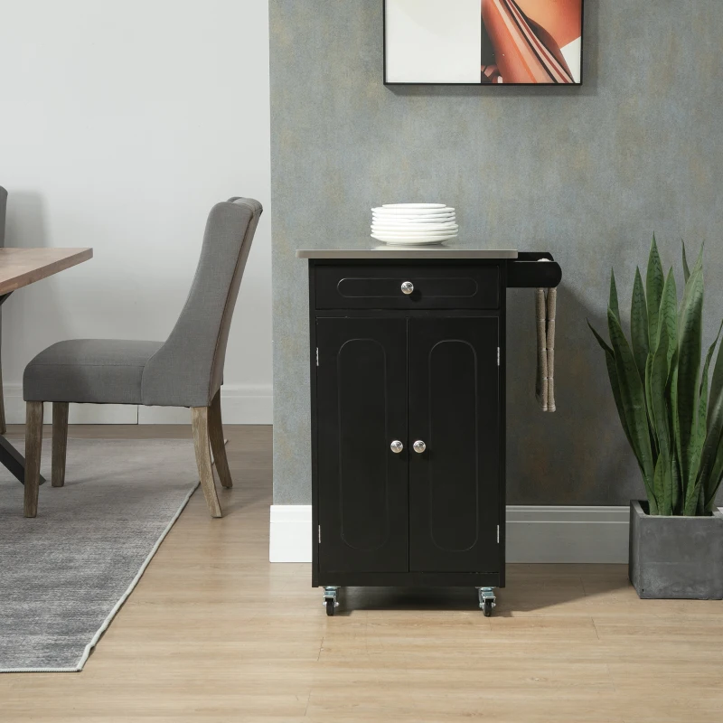HOMCOM Chariot de service desserte de cuisine à roulettes multi-rangements 1 tiroir placard 2 portes avec étagère porte-torchons MDF noir acier inoxydable