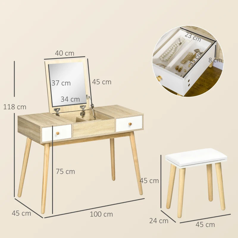 HOMCOM Ensemble de coiffeuse avec tabouret miroir rabattable style scandinave 2 tiroirs 100 x 45 x 118 cm naturel et blanc