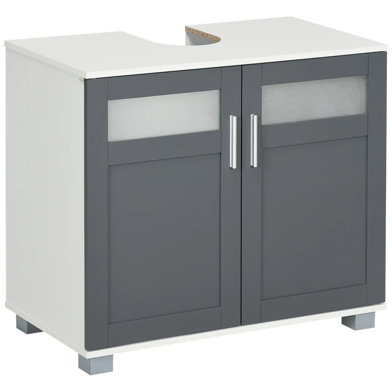 kleankin Mueble para Debajo del Lavabo Armario de Baño Bajo Lavabo con 2 Puertas de Vidrio Templado 69x35x59 cm Blanco y Gris