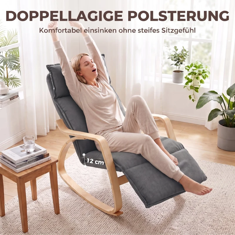 HOMCOM Schaukelstuhl in Leinenoptik mit 5-fach verstellbarer Fußstütze und Leinenoptik, für Wohnzimmer, Dunkelgrau
