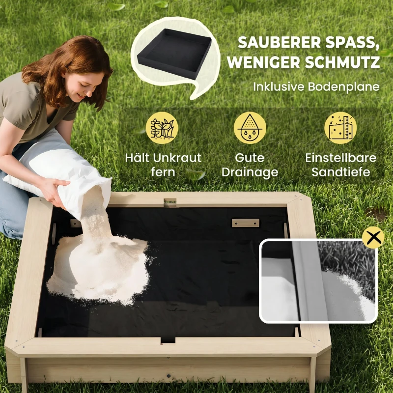 Outsunny Sandkasten 106x106 cm Kinder Sandbox aus Holz mit höhenverstellbar Abdeckung Sitzbänken Rücklehnen Blau