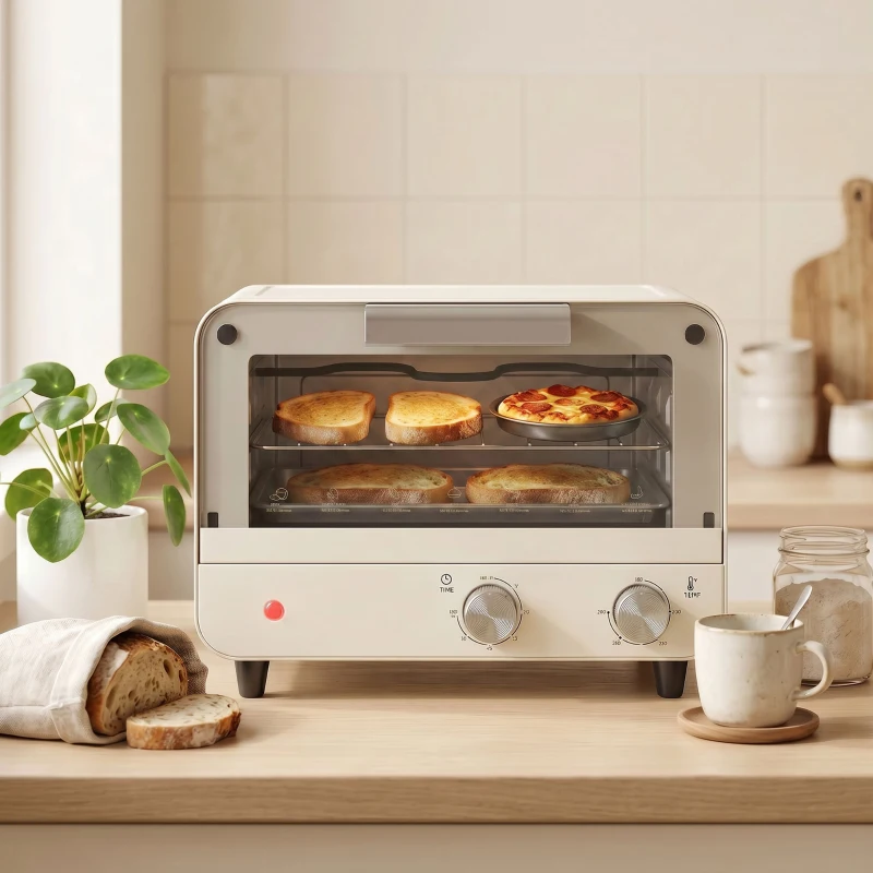 HOMCOM Mini Oven, Small Toaster Oven with Glass Door, Adjustable Temperature and Timer, Accessory Included, 750W, Cream White