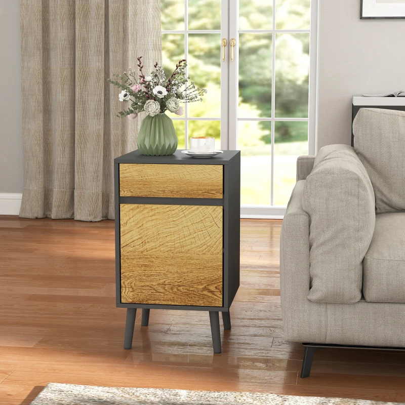 HOMCOM Comodino con Cassetto e Armadietto Moderno Senza Maniglie, 40x39x69 cm, Grigio Scuro e Legno