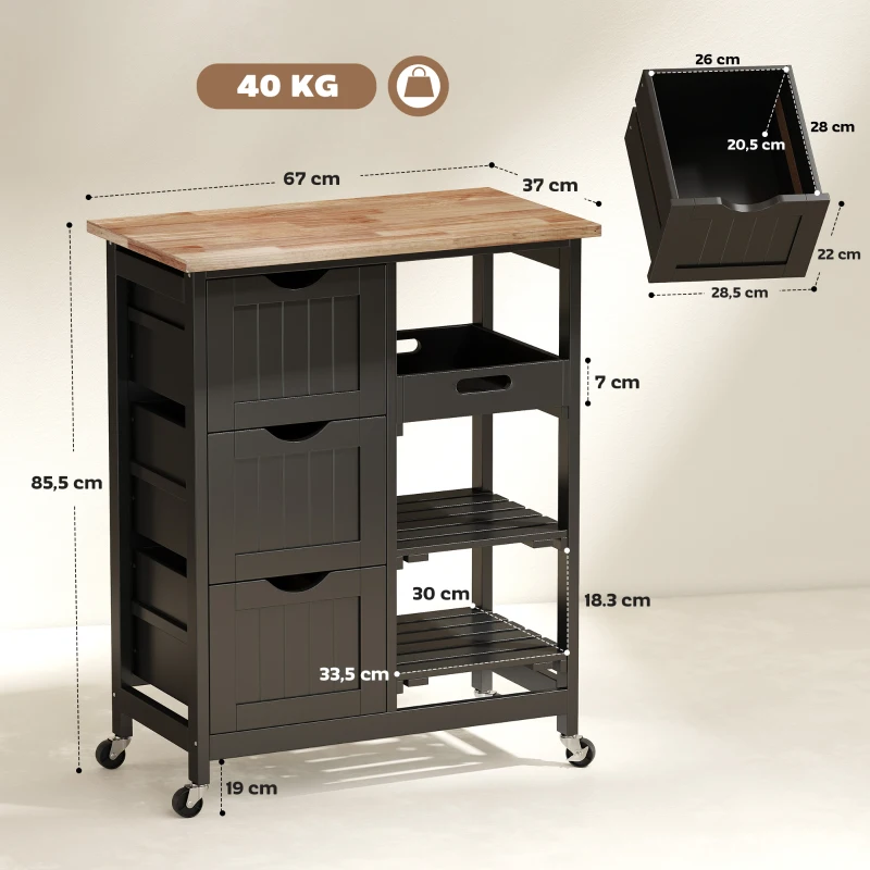 HOMCOM Carro de Cocina Carrito Auxiliar con Ruedas con 3 Cajones 2 Estantes Abiertos y Bandeja Extraíble 67x37x85,5 cm Negro