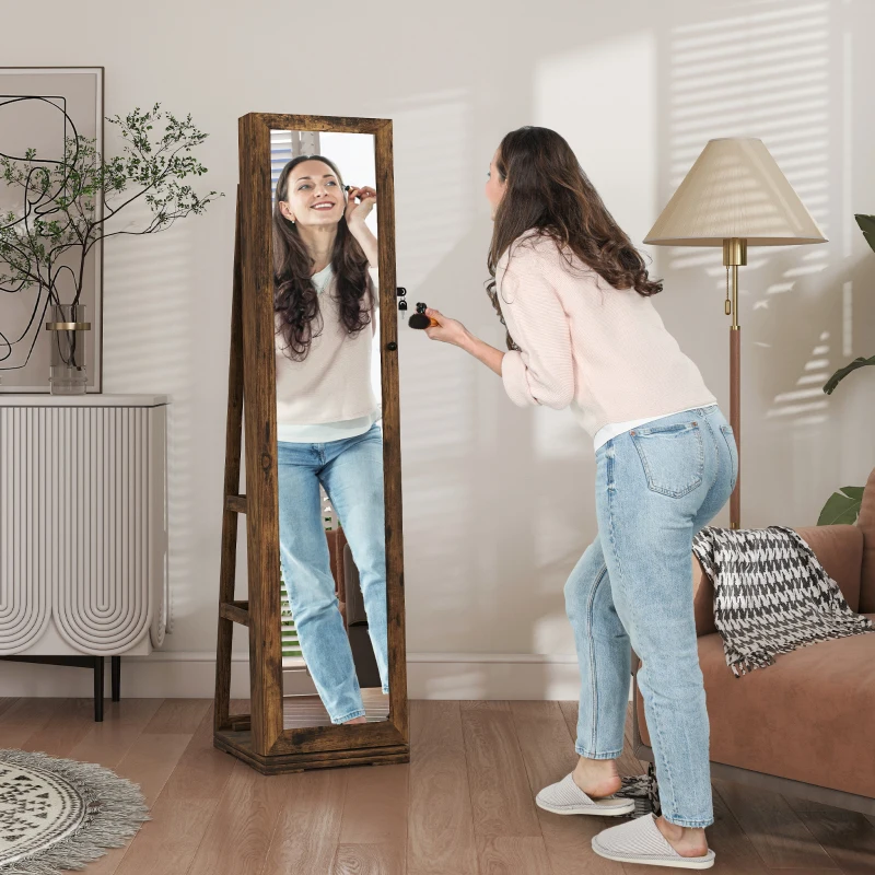HOMCOM Armoire à Bijoux pivotante verrouillable boîte à bijoux avec Miroir - Armoire Bijoux Multi-Rangement - Brun Rustique