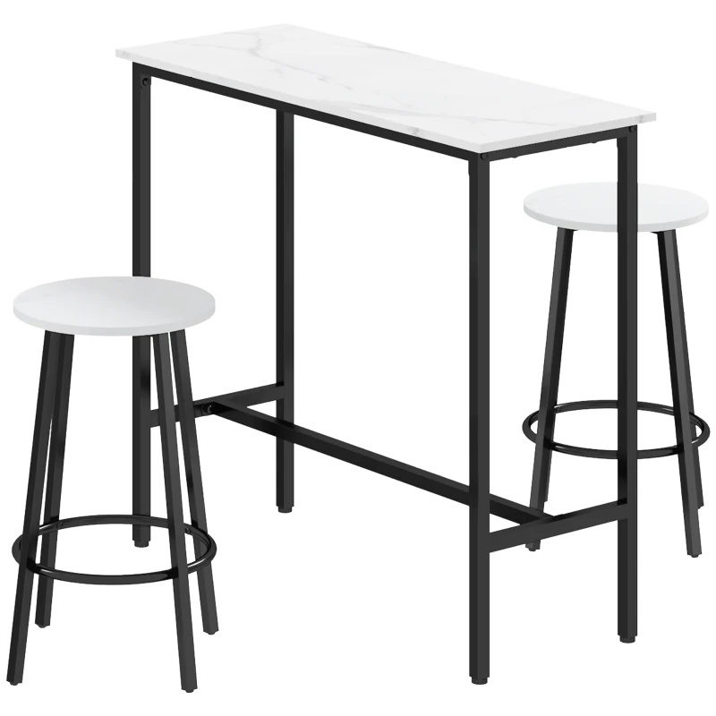 HOMCOM Ensemble table de bar + 2 tabourets structure en acier plateau aspect marbre 2 personnes blanc