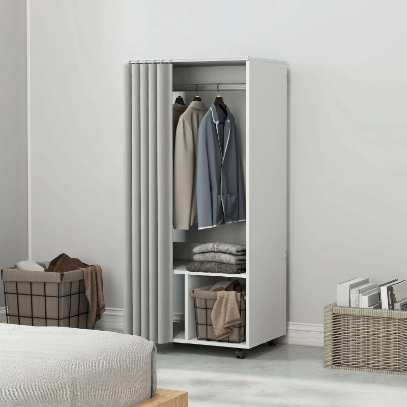 HOMCOM Armoire penderie armoire de rangement mobile avec rideau, tringle de suspension, 60 x 40 x 128 cm, blanc