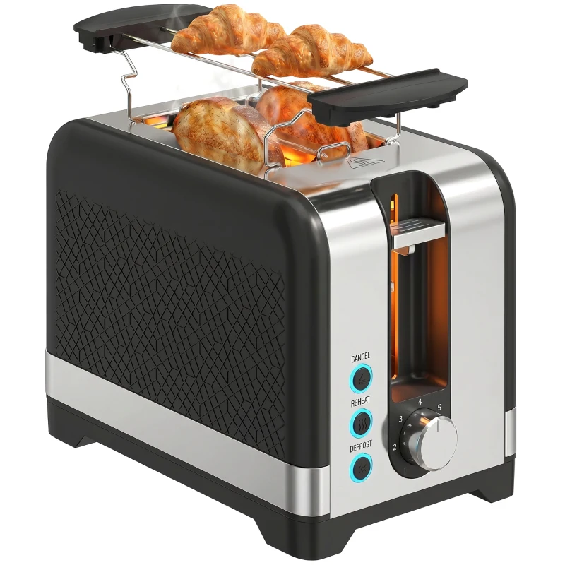 HOMCOM 2-Scheiben-Toaster mit 7 Bräunungsstufen, Aufwärm-/Auftau-/Abbruchfunktionen, Wärmerost, 930 W