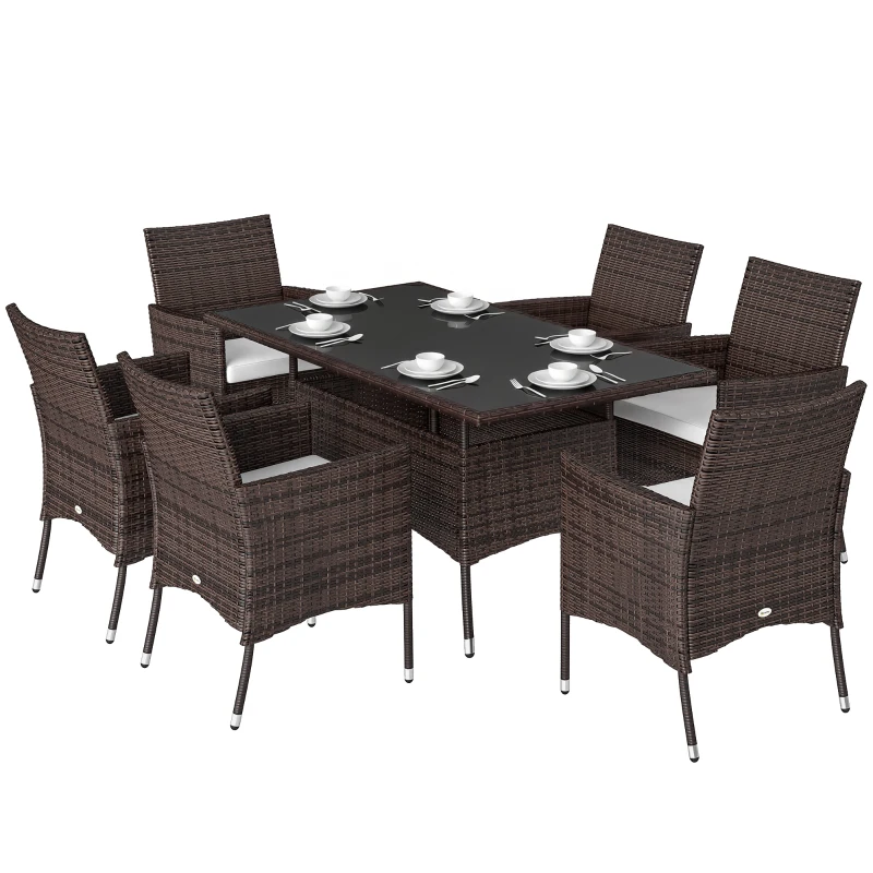Outsunny 7 tlg. Polyrattan Gartenmöbel Rattan Gartenset Sitzgruppe Garnitur Essgruppe inkl. Kissen 6 Personen Braun+Creamweiß 150 x 80 x 74 cm