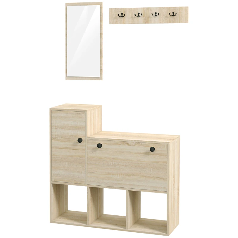 HOMCOM Set de hol cu cuier de perete cu 4 cârlige, dulap pentru 9 perechi de pantofi, dulap și oglindă