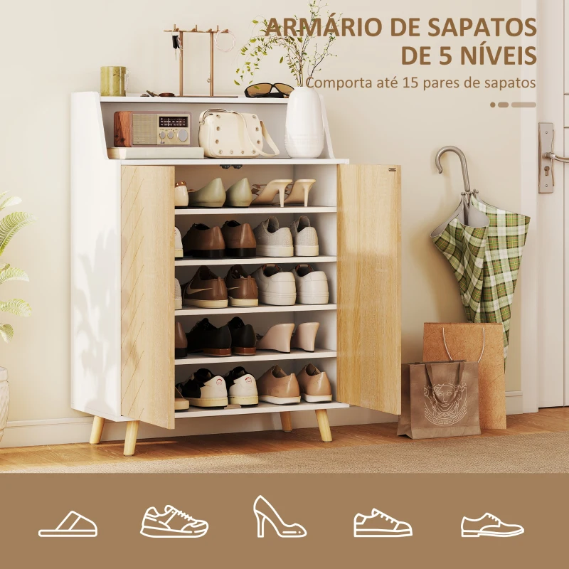HOMCOM Sapateira para Entrada com Prateleiras Ajustáveis para 15 Pares de Sapatos 75x35x104 cm Branco e Madeira