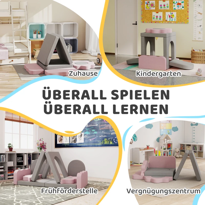AIYAPLAY 12-delig Set Schuimblokken om te Klimmen, Bouwen, Kruipen, Binnen Speelmatten met Cord Bekleding, Grijs+Roze